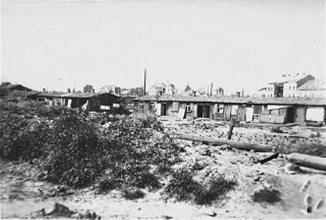 Post-liberation view of the Russian Camp (Hospital Camp), a section of the Mauthausen concentration camp